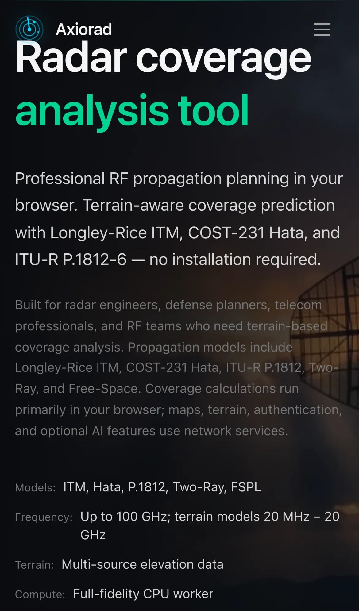 AxioRad on a phone, with the radar coverage headline.
