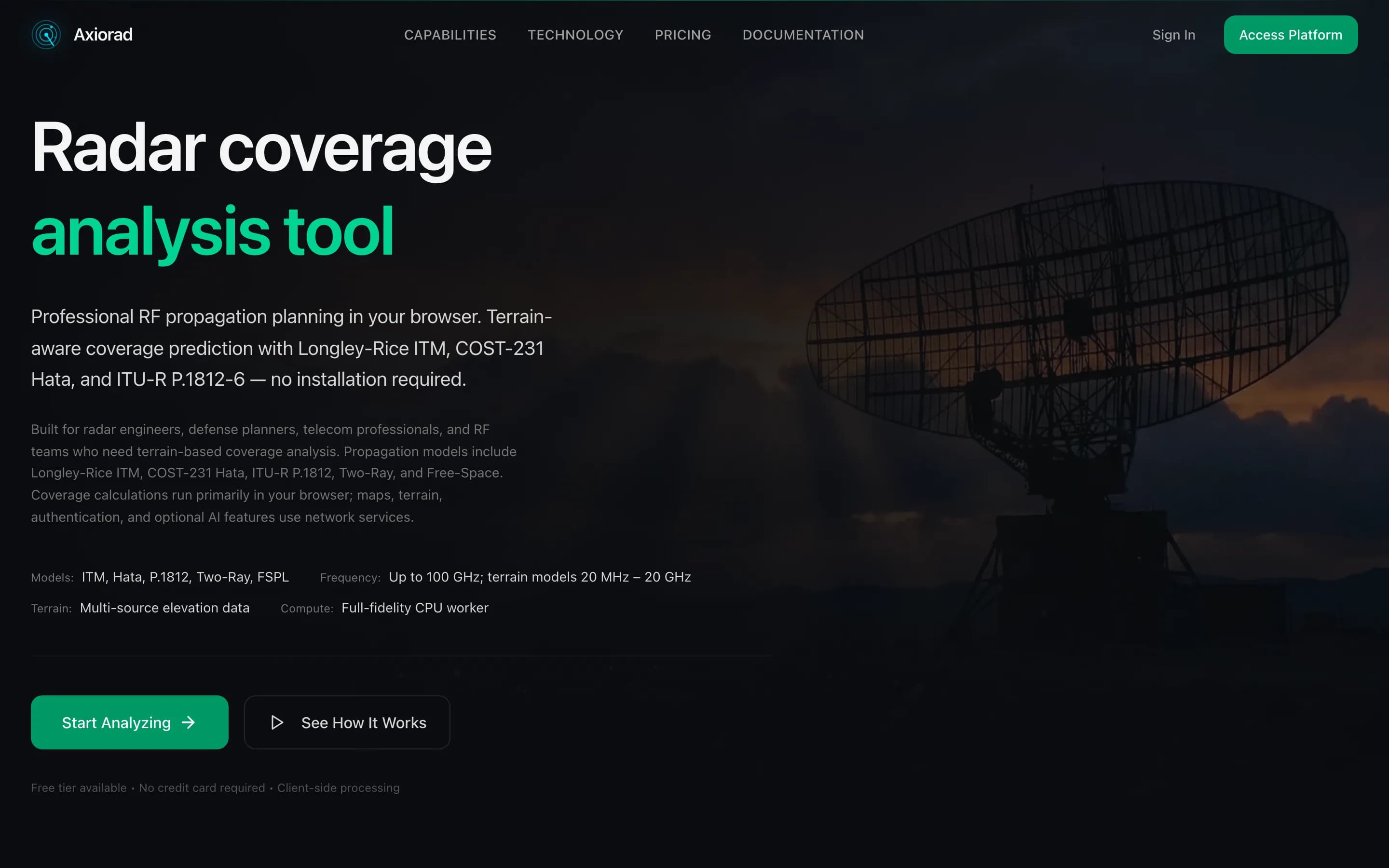 AxioRad homepage with the headline 'Radar coverage analysis tool' and a radar dish at dusk.