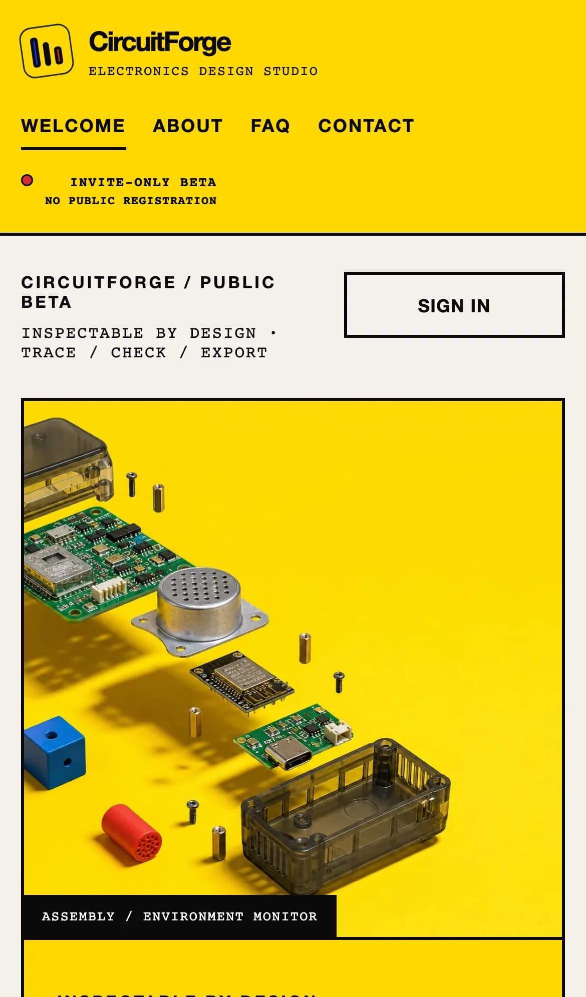 CircuitForge on a phone, with the public beta header and product render.