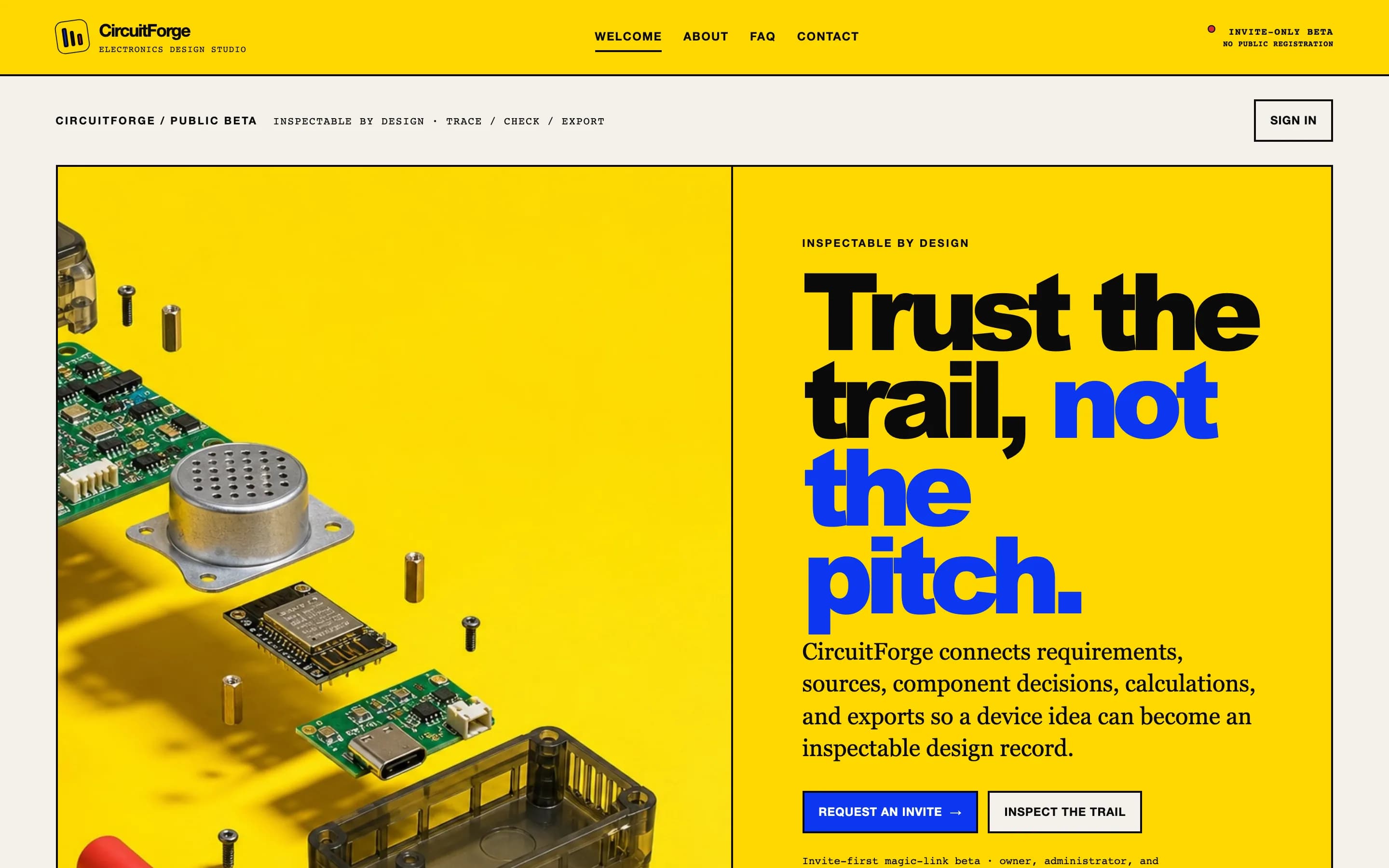 CircuitForge homepage with the headline 'Trust the trail, not the pitch' and an exploded circuit board assembly.