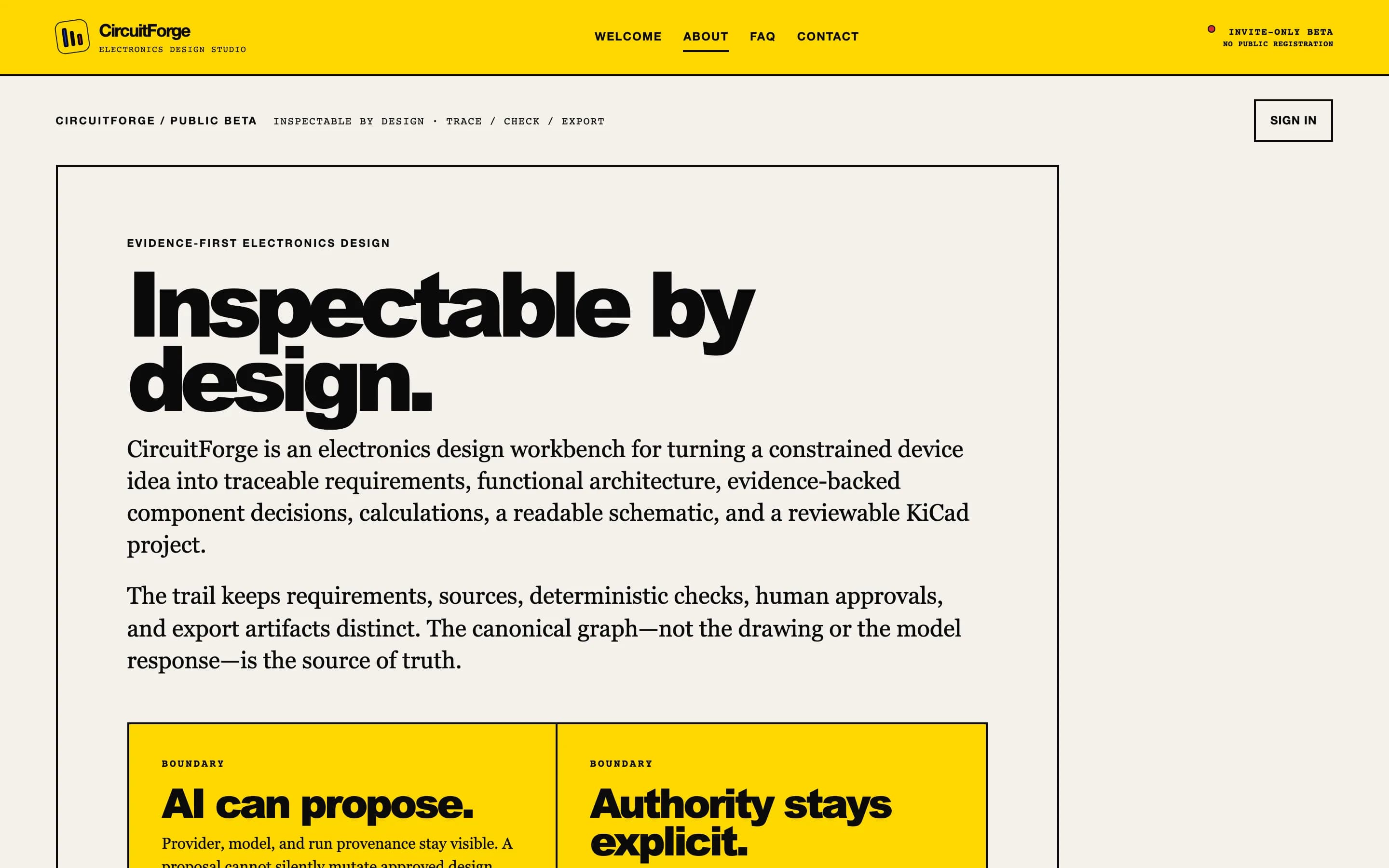 CircuitForge about page explaining that the AI can propose and authority stays explicit.