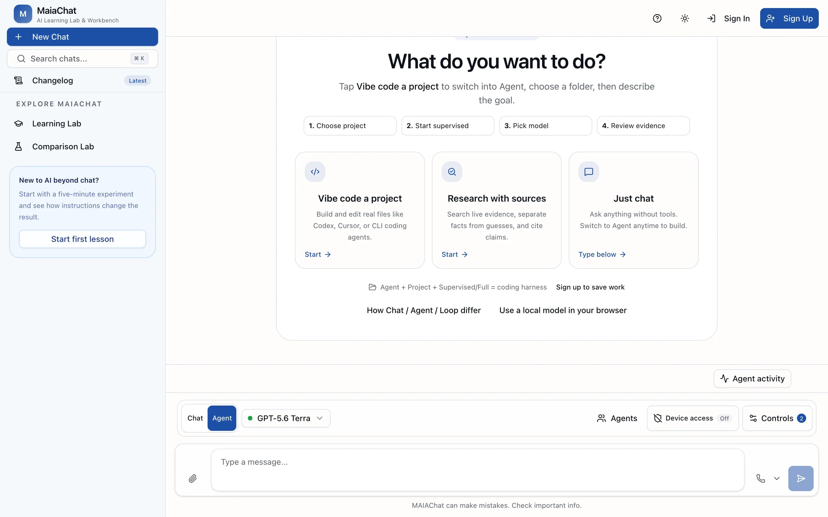 MaiaChat workspace asking 'What do you want to do?' with a message box and mode controls.