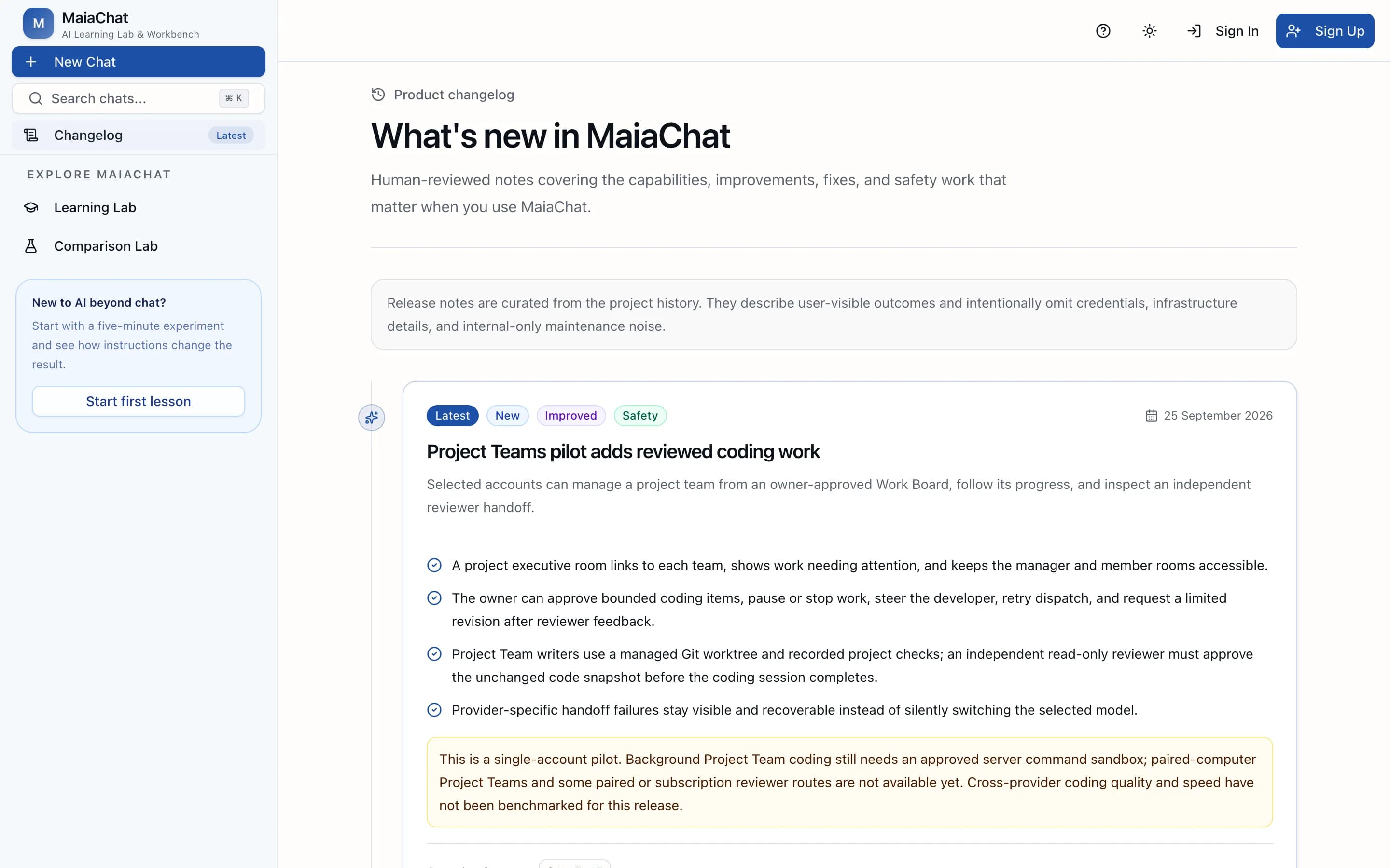 MaiaChat changelog page titled 'What's new in MaiaChat', with a reviewed release entry.