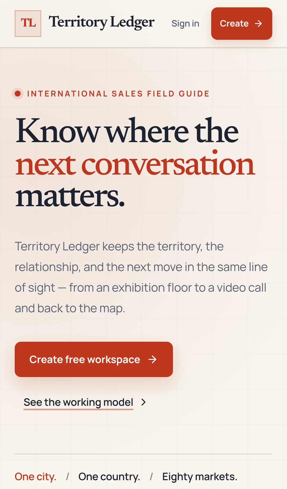 Territory Ledger on a phone, with the homepage headline.