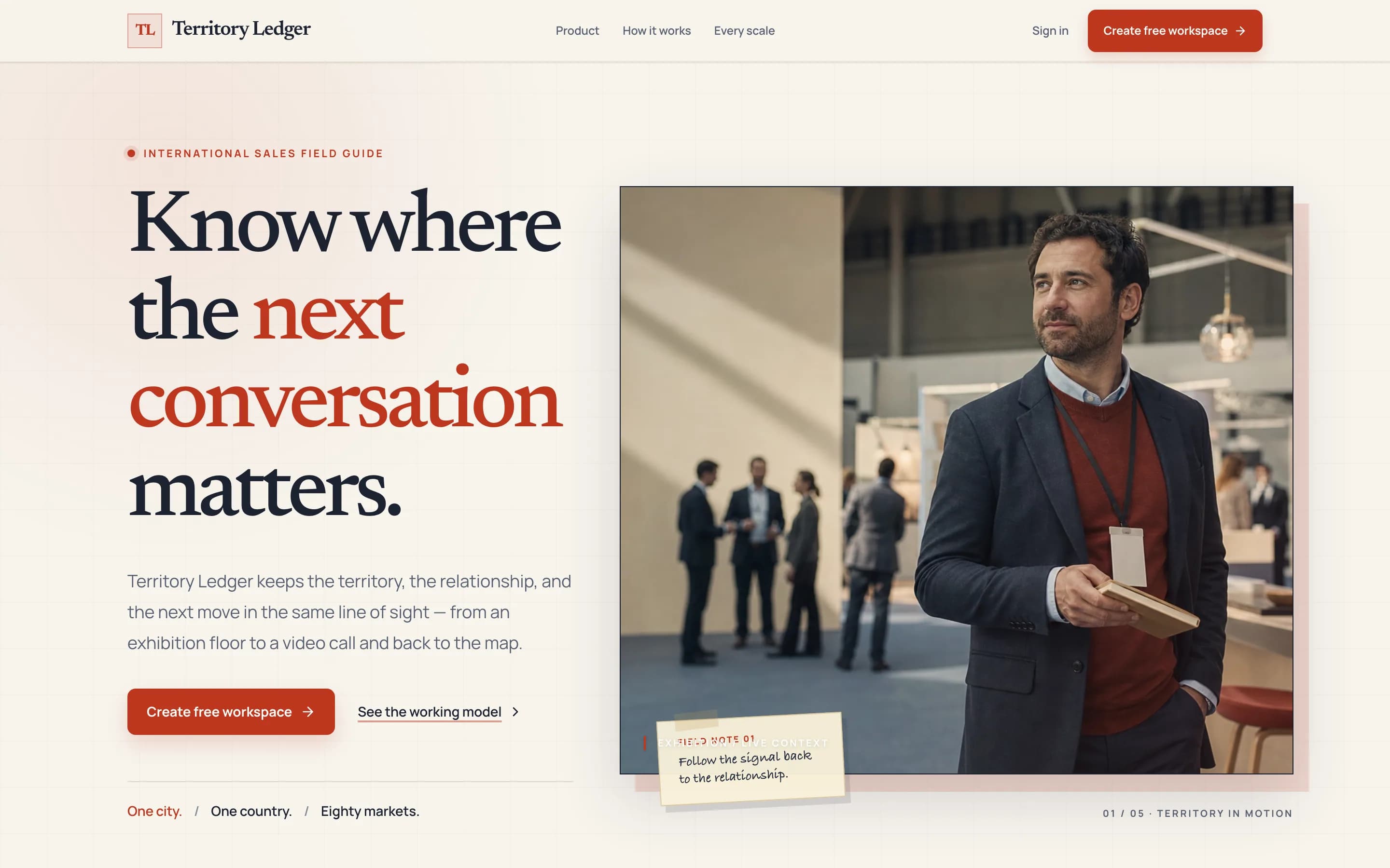 Territory Ledger homepage with the headline 'Know where the next conversation matters'.