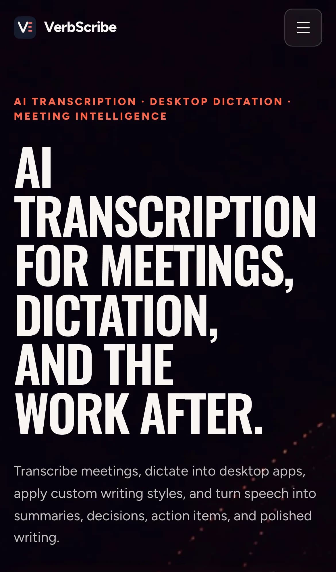 VerbScribe on a phone, with the transcription headline.