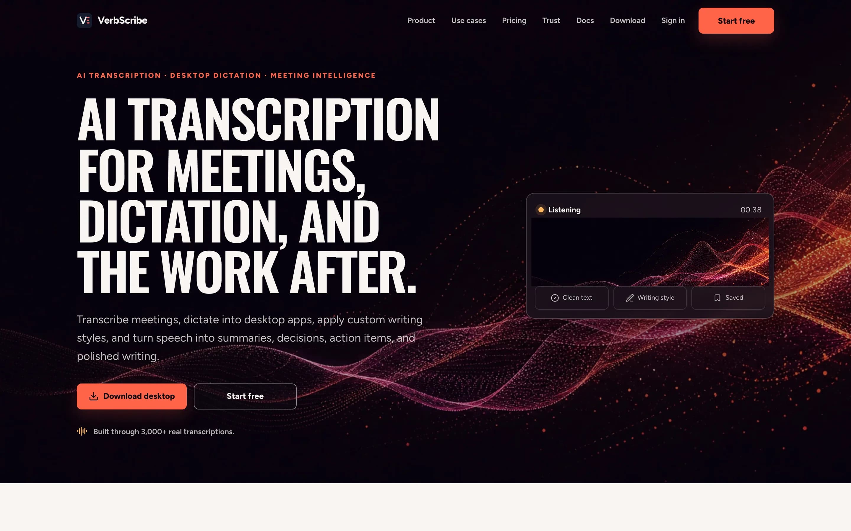 VerbScribe homepage with a listening indicator over a red waveform.