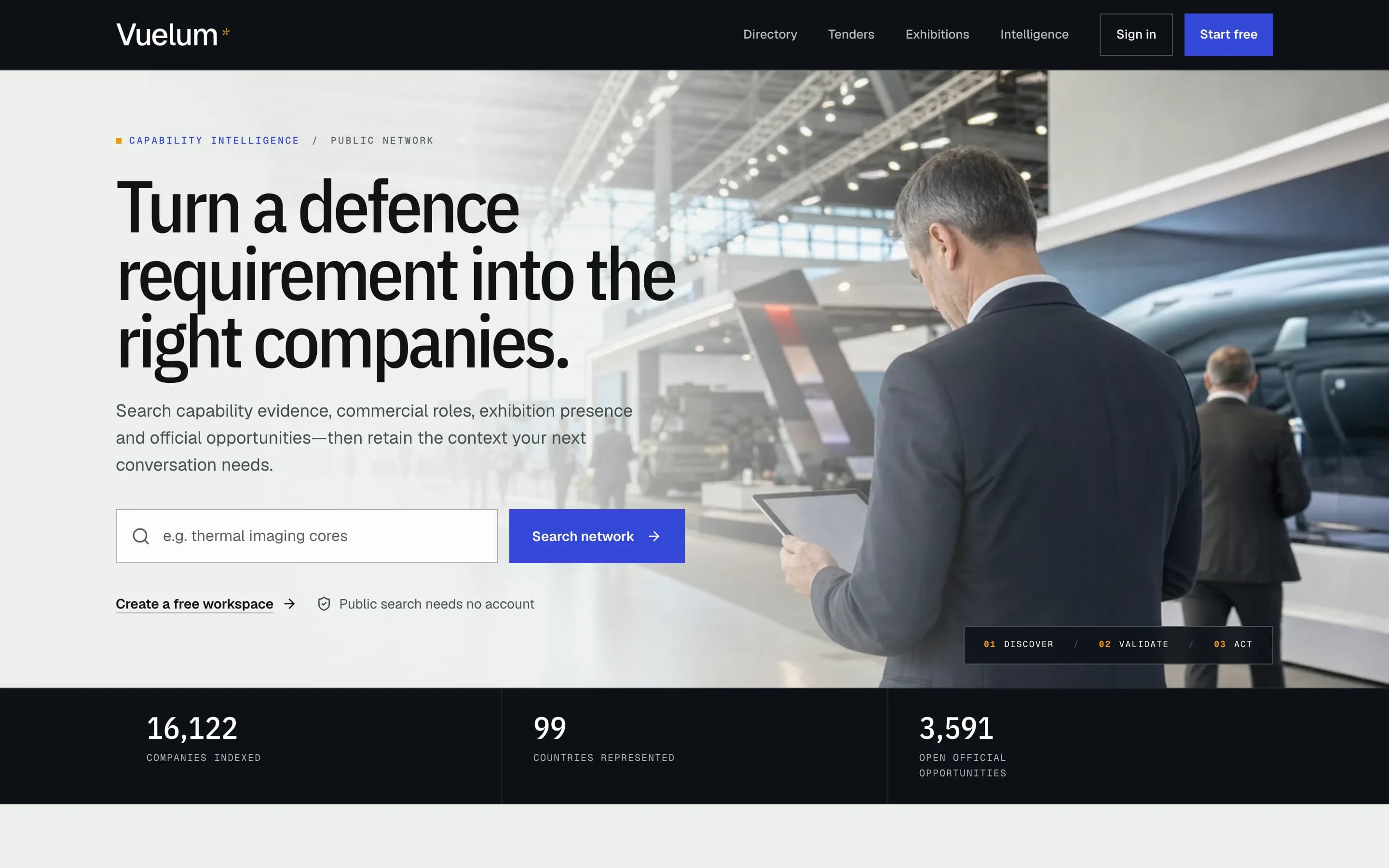 Vuelum homepage with the headline 'Turn a defence requirement into the right companies' and a capability search box.