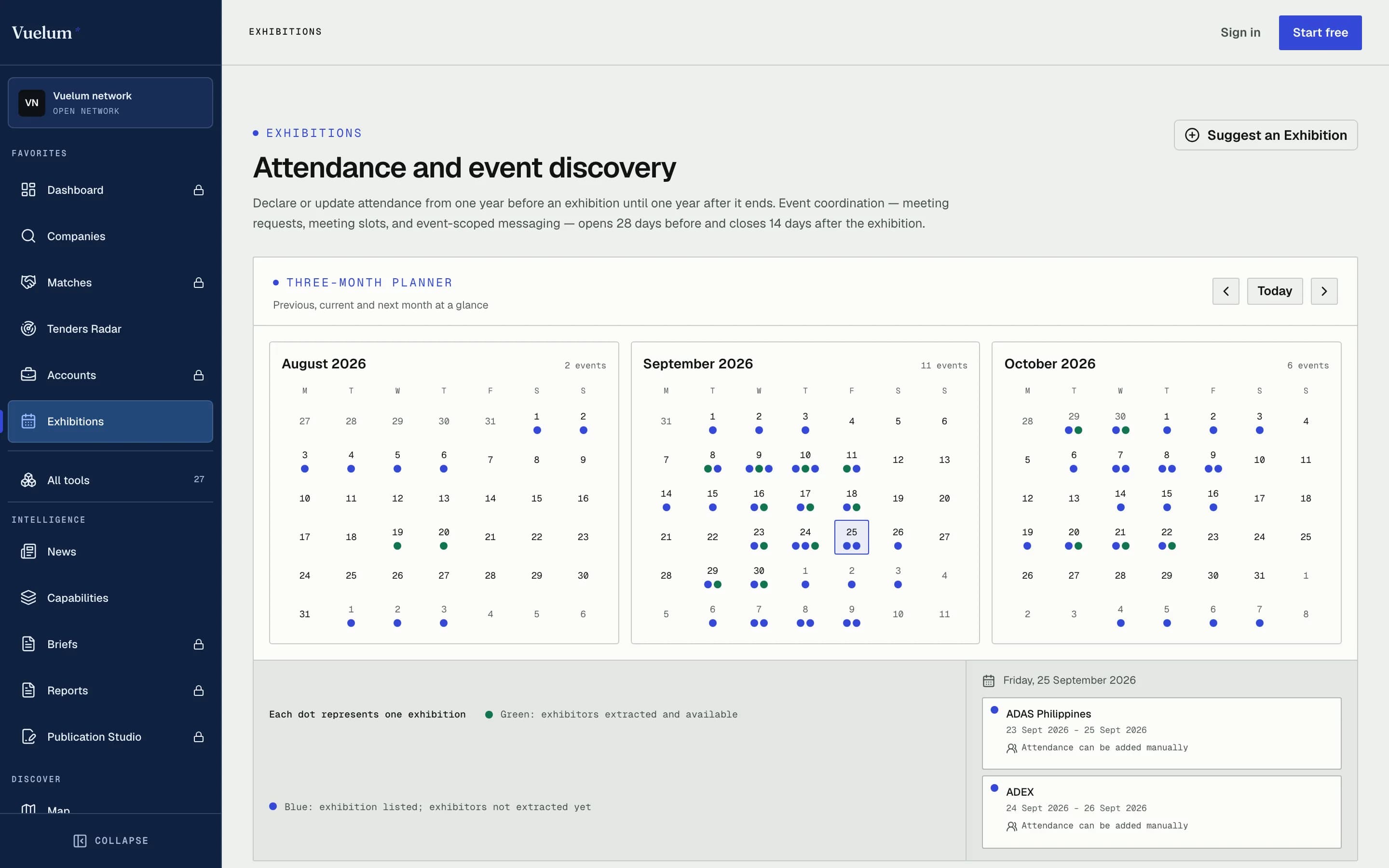 Vuelum exhibitions planner showing a three-month event calendar.